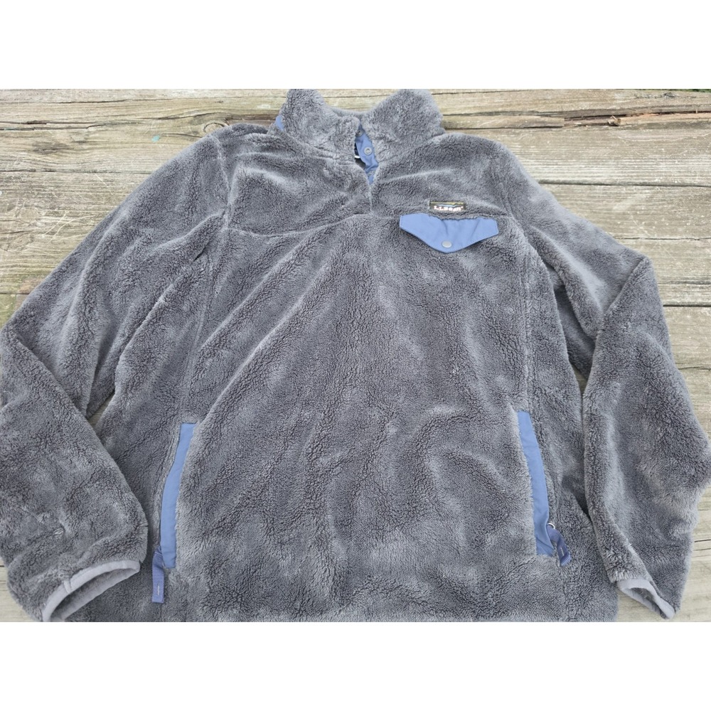 L.L.Bean Women's M Gray Sherpa Fleece Snap Pullover Blue Trim Outdoor Cozy